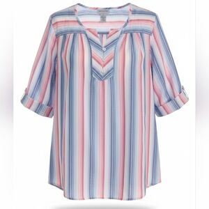 Catherines Plus Boho Stripe Red Blue Roll Tab Sleeve Pintuck Shirt OX 14/16